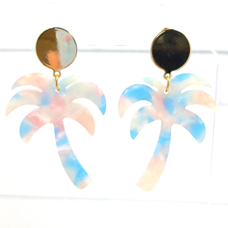 BluePink Marbled Acetate Lucite Dangle Tropical Palm Tree Earrings 15$